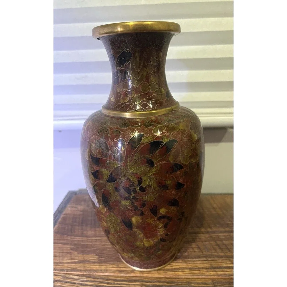 Vintage Chinese Cloissone Enamel And Brass Vase 8.5”